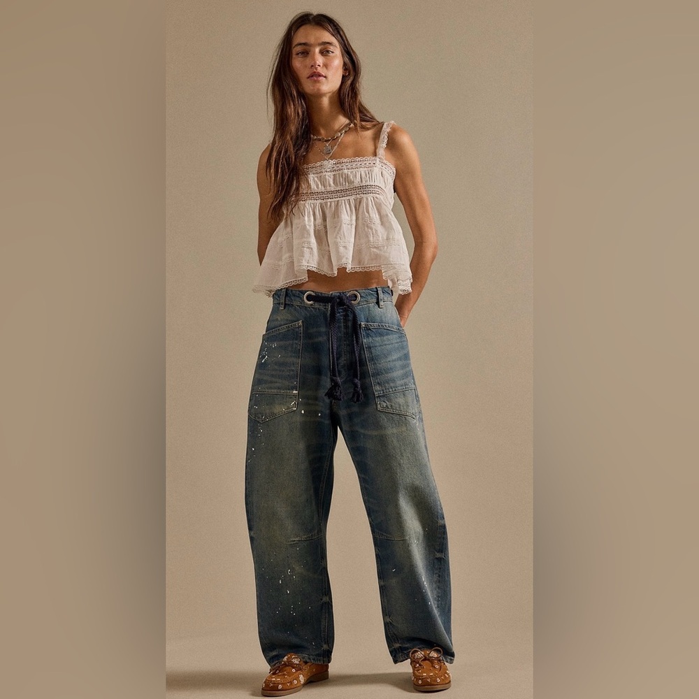 Free People Distressed Moxie Pull-On Barrel Jeans - Picture 3 of 7